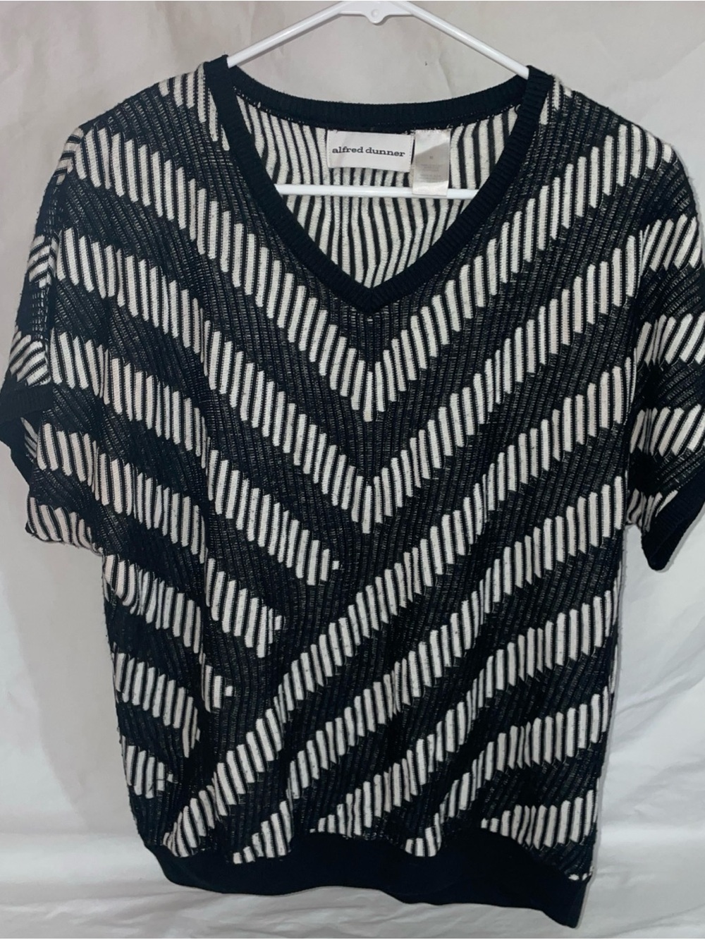 Alfred Dunner Black and White Striped V‑Neck Knit Top